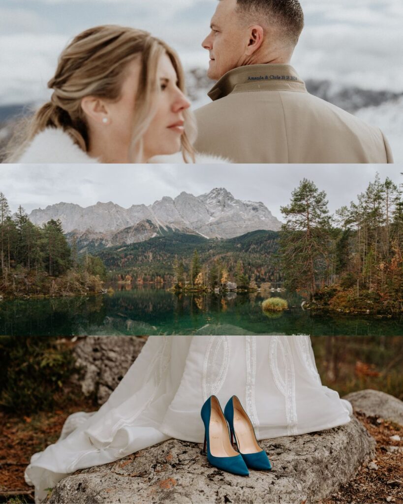 A collage of wedding images near the Eibsee area on a still fall day featuring emerald green water, blue heeled shoes and a couple in wedding attire
