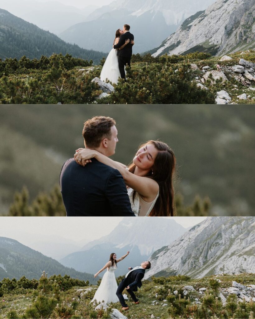 A collage of a wedding couple on top of a grassy green mountain, dancing and hugging while they elope in Germany