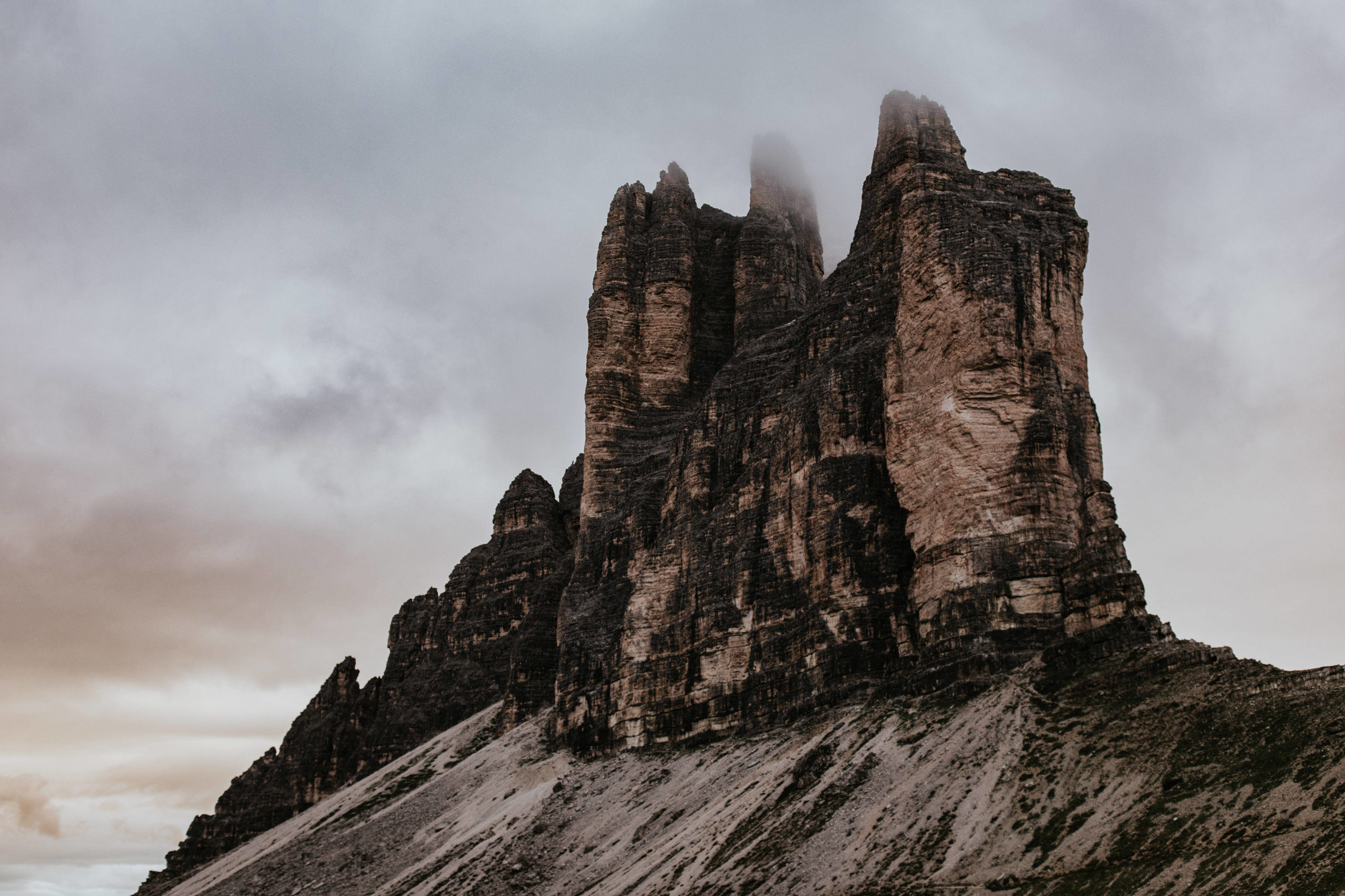 The three peaks of Tre Cime de Lavaredo in the Italian Dolomites during an elopement