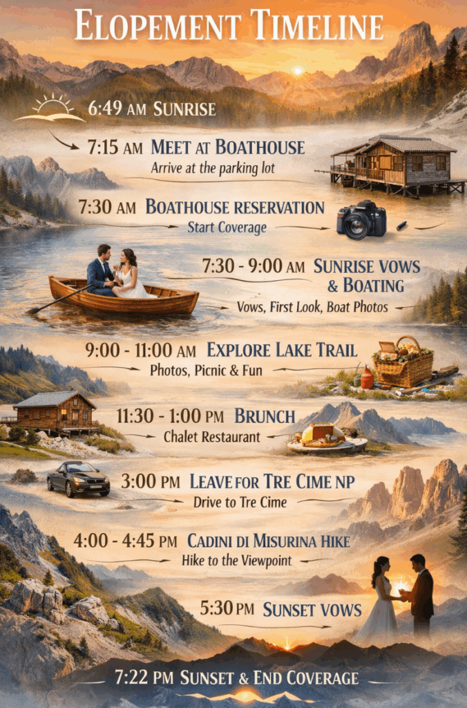 Infographic Dolomites elopement timeline showing a full-day schedule for couples. Includes sunrise at 6:49 AM, boathouse meeting at 7:15 AM, sunrise vows and boat photos from 7:30–9:00 AM, lake trail exploration 9:00–11:00 AM, brunch 11:30–1:00 PM, drive to Tre Cime National Park at 3:00 PM, Cadini di Misurina hike 4:00–4:45 PM, sunset vows at 5:30 PM, ending with 7:22 PM sunset coverage. Visual icons, mountain scenery, and clear time labels guide couples through a romantic elopement day in the Dolomites.