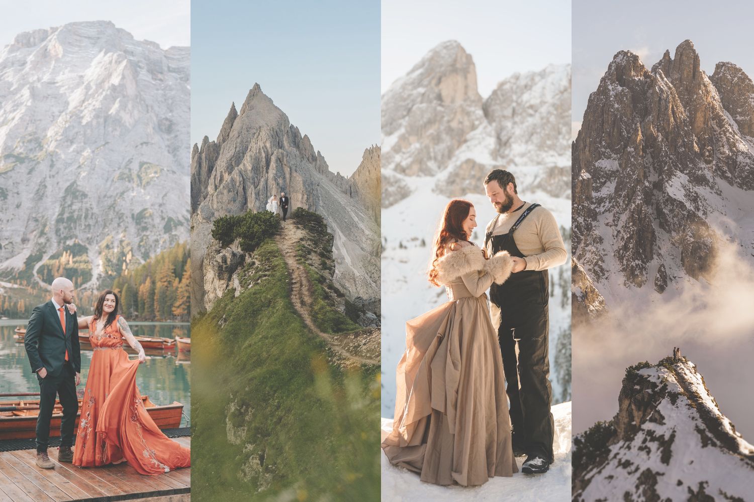 A collage image of eloping couples standing in dramatic Dolomites landscapes throughout the seasons, featuring a blue green lake surrounded by yellow larches, a narrow trail framed by wildflowers, a snowy sunrise location and a moody snow covered peak