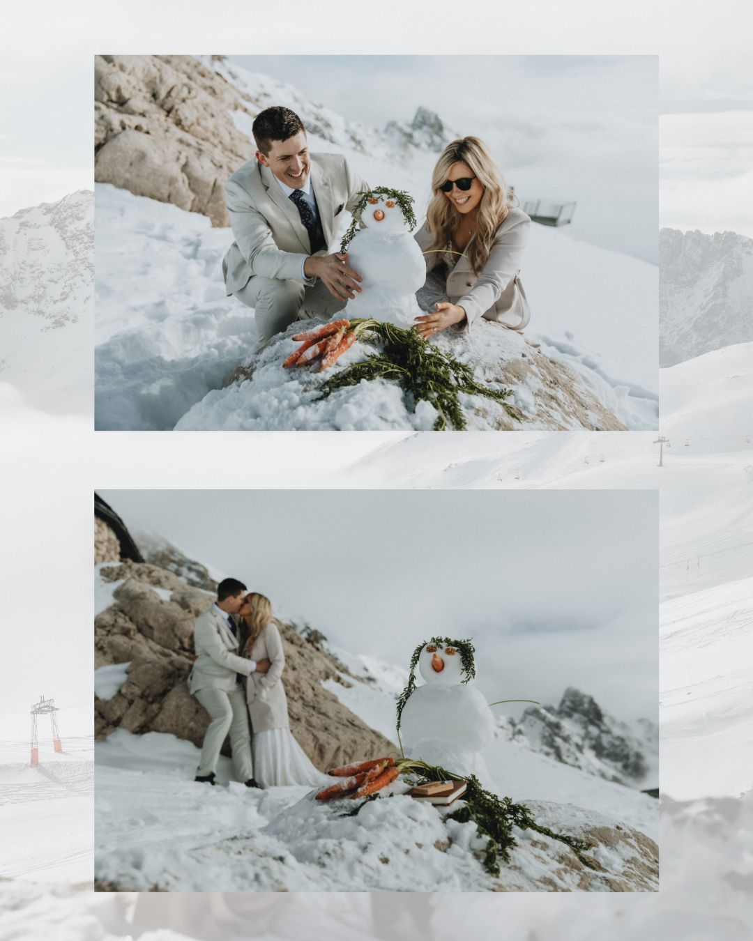This is a collage of images of a couple building a snowman on top of the Zugspitze summit during their elopement day. They are wearing light colored wedding attire.