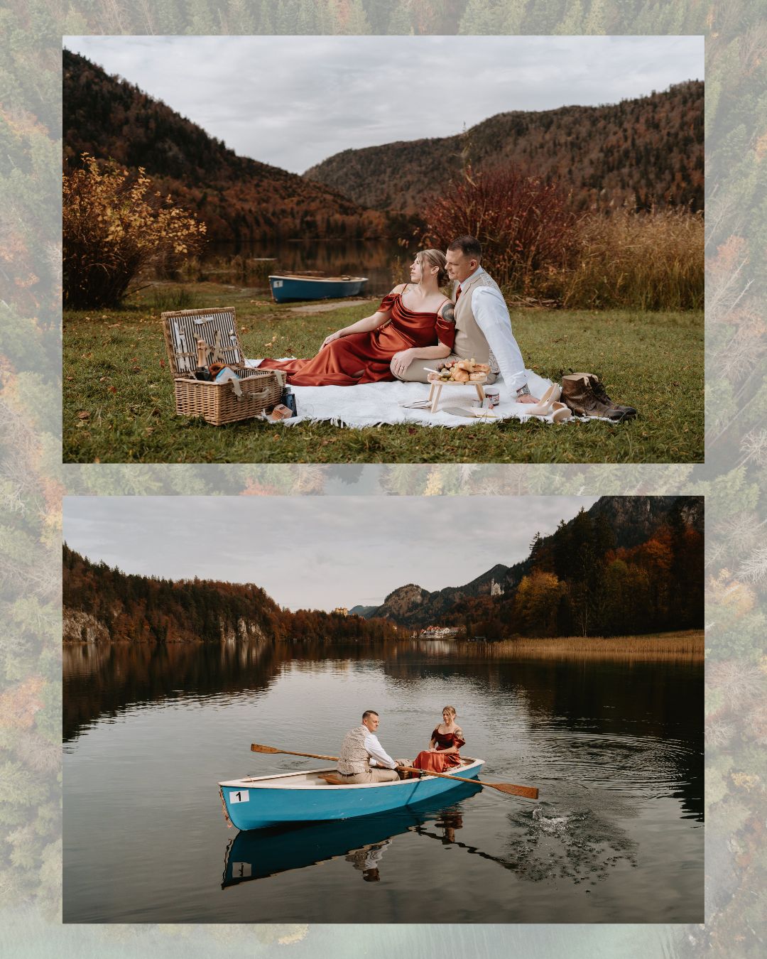 A collage of images of a wedding couple rowing a boat on a lake with Neuschwanstein castle in the background.