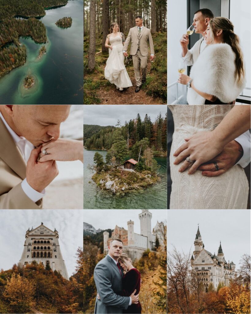 A collage of photos showing the variety of landscapes in Germany's Bavarian Alps, including Neuschwanstein Castle and Eibsee.