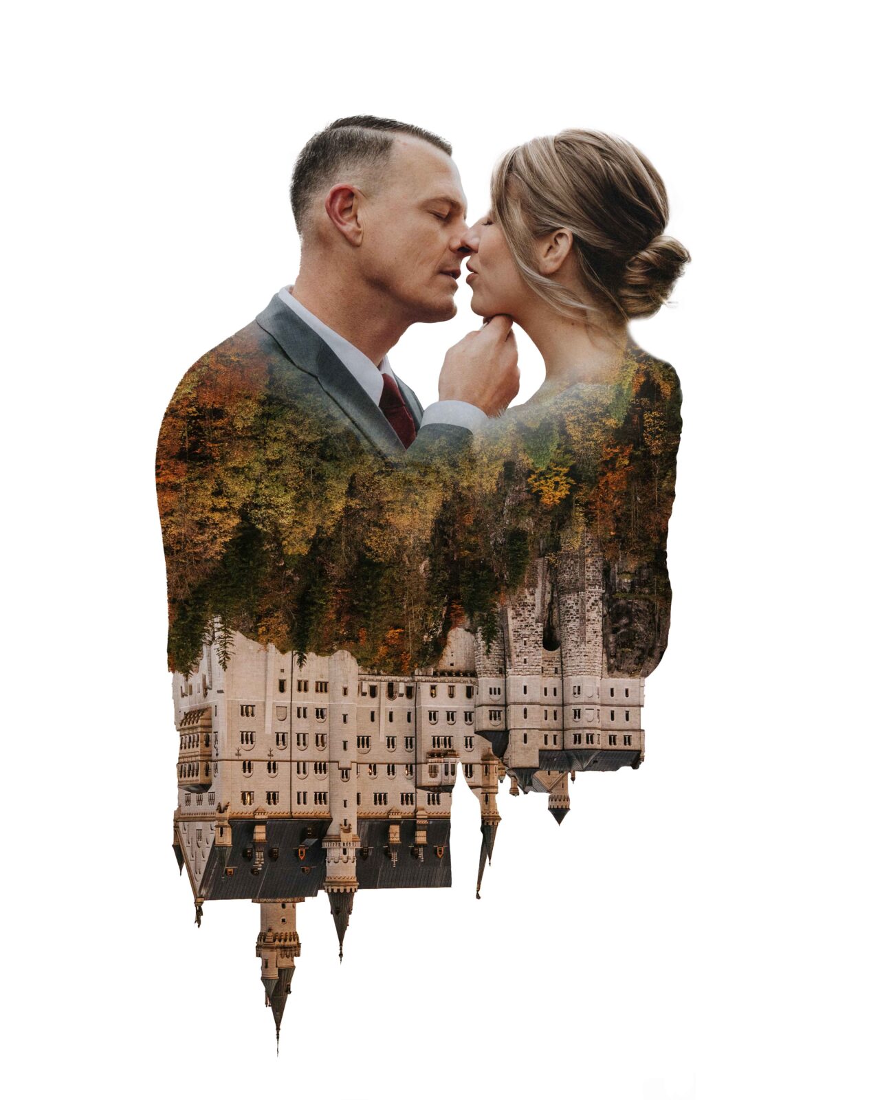 A double exposure image of a wedding couple about to kiss with the Neuschwanstein castle superimposed over their silhouettes. 