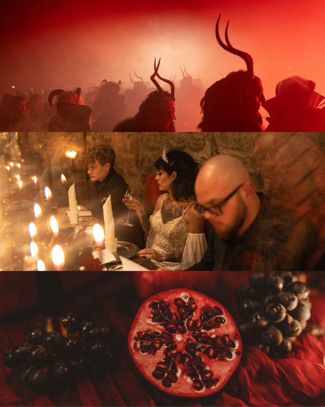 A collage of images taken during a gothic wedding in Austria, including a close up of a red pomegranate, candle lit dinner and a Krampuslauf