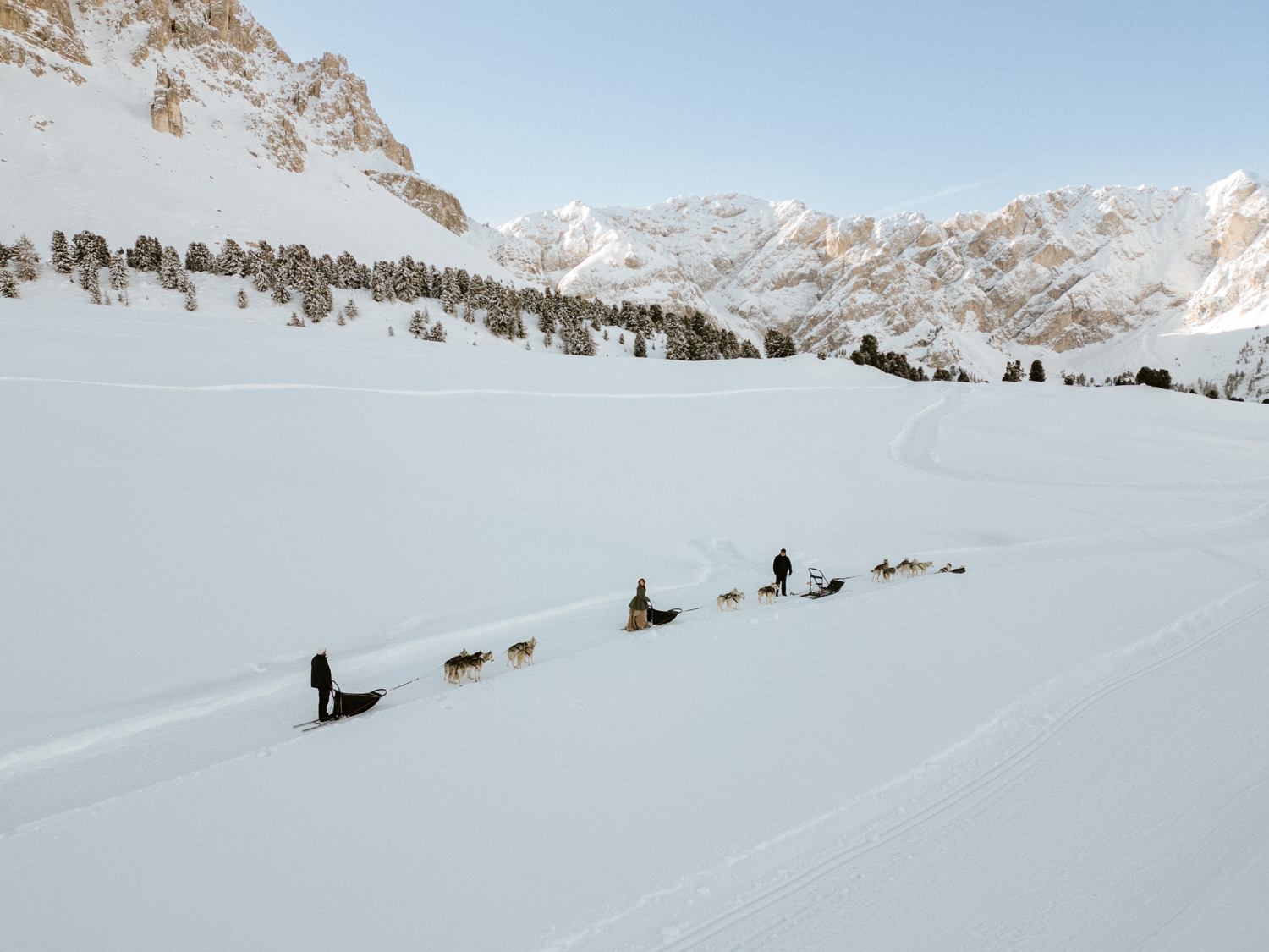 A team of three lead a dog sledding tour for a couples dog sledding elopement day in the Dolomites