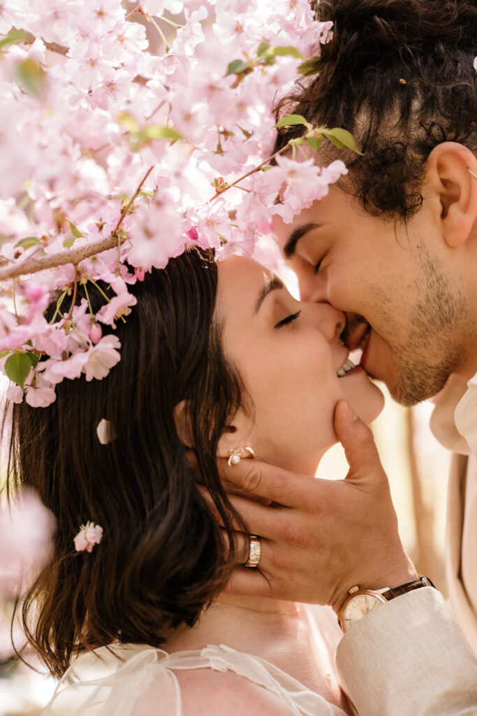 A couple kiss framed by pink cherry blossoms during their Japan elopement near Mt. Fuji