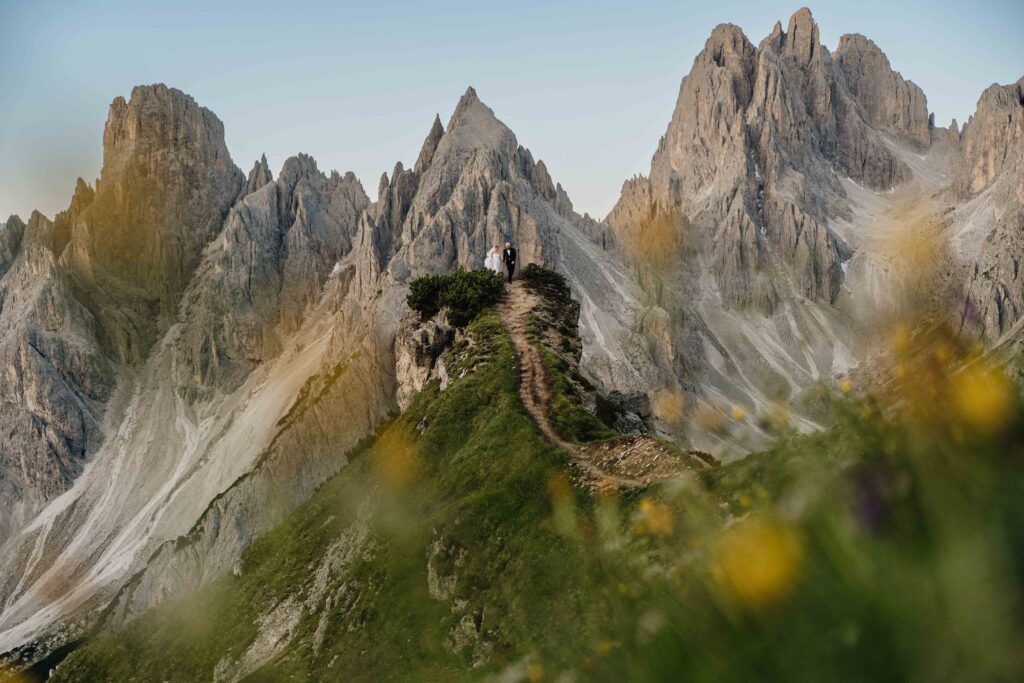 A wedding couple dressed in white dress and black suit walk down the narrow Cadini di Misurina trail in the Italian Dolomites, framed by yellow flowers in the foreground.