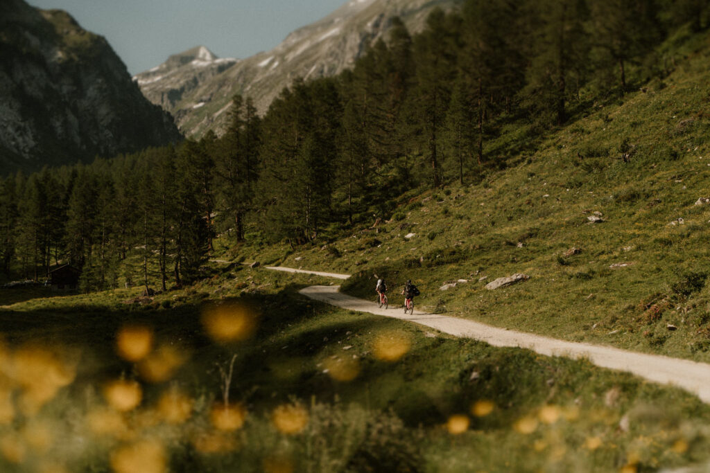 A couple on mountain bikes is seen very far off riding down a gravel path in the Austrian mountains, framed by yellow flowers, on their elopement day